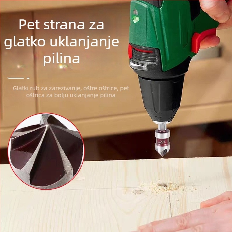 Set alata za drvo - 5 komada s šesterokutnom ručkom, petostranni chamferer, uklanjanje strugotina i proširenje rupa