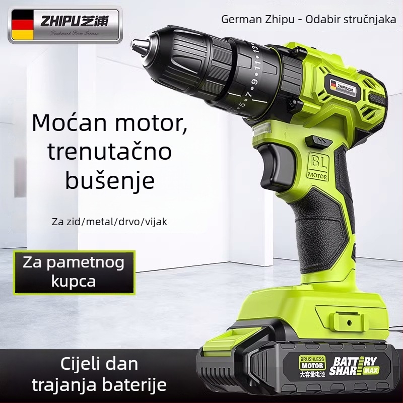ZHIPU bežična bušilica s udarnim motorom, bez četkica, 48V litijeva baterija, pravokutni dizajn, neprekidna regulacija brzine, tročlano čeljustno držač, za kućnu uporabu