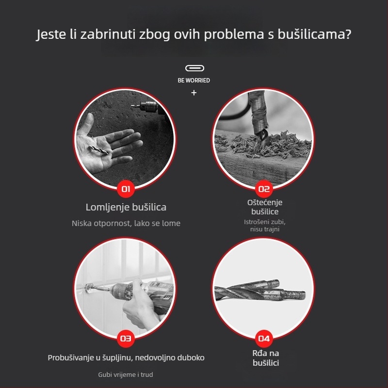 Delixi ekscentrično svrdlo s šesterokutnim trnom i nagnutom glavom za udarna bušenja tvrdih materijala — beton, cement, keramika