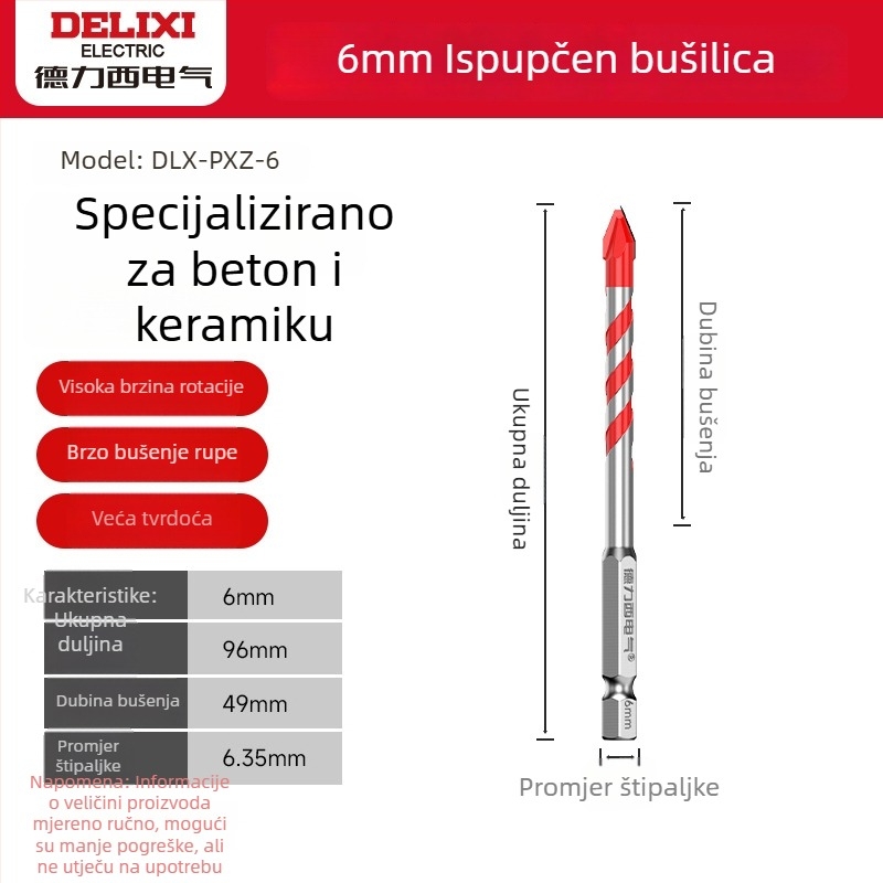 Delixi ekscentrično svrdlo s šesterokutnim trnom i nagnutom glavom za udarna bušenja tvrdih materijala — beton, cement, keramika