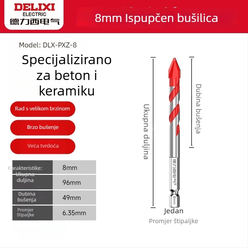 Delixi ekscentrično svrdlo s šesterokutnim trnom i nagnutom glavom za udarna bušenja tvrdih materijala — beton, cement, keramika