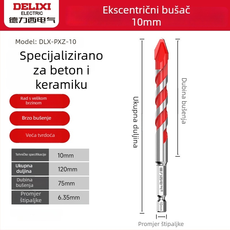 Delixi ekscentrično svrdlo s šesterokutnim trnom i nagnutom glavom za udarna bušenja tvrdih materijala — beton, cement, keramika