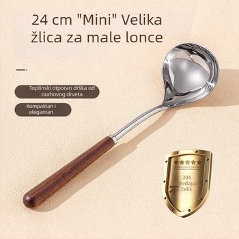 Žlica za juhu od 304 nehrđajućeg čelika s dugom držačem i drvenom drškom od oraha – sito za lonac, skup kuhinjskih alata