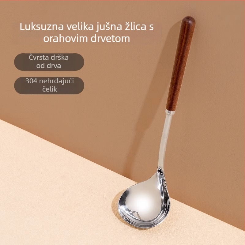 Žlica za juhu od 304 nehrđajućeg čelika s dugom držačem i drvenom drškom od oraha – sito za lonac, skup kuhinjskih alata