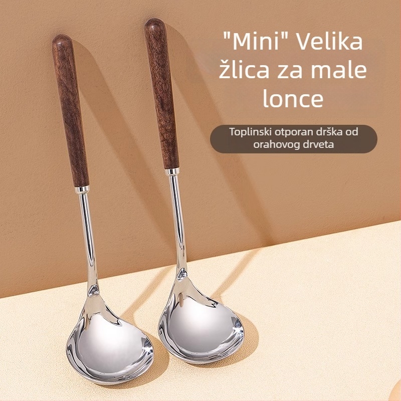 Žlica za juhu od 304 nehrđajućeg čelika s dugom držačem i drvenom drškom od oraha – sito za lonac, skup kuhinjskih alata