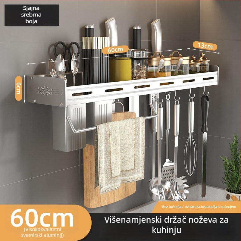 Zidni kuhinjski stalak za začine i nože, aluminij, višenamjenski