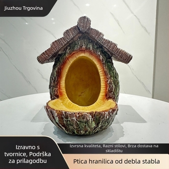 Hranilica za ptice – imitacija debla s gnijezdom, ukras od smole za vrt, crtani stil, plastika/smola, marka Craftsman and Style