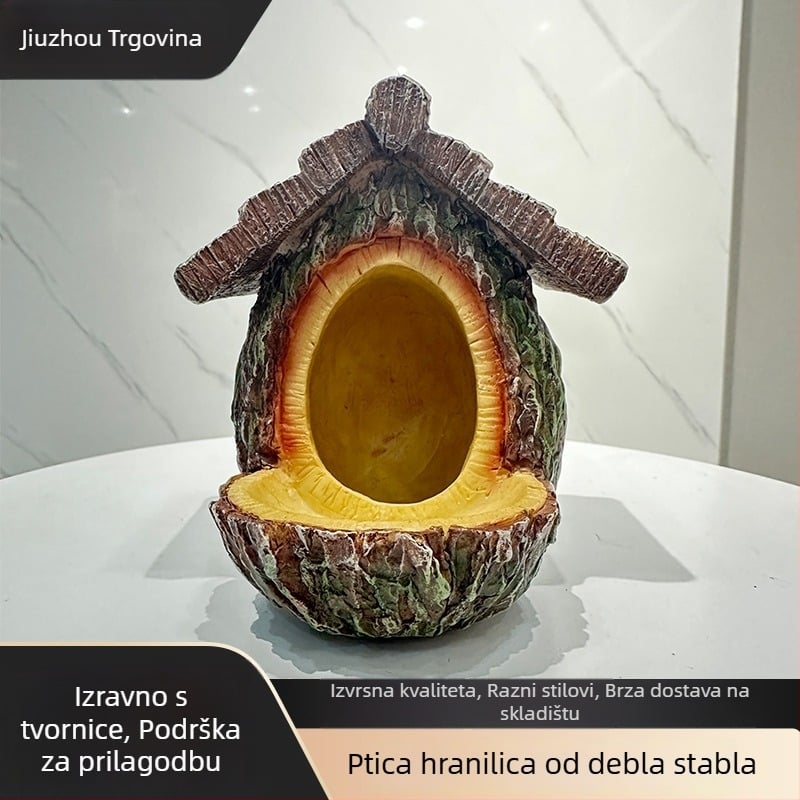 Hranilica za ptice – imitacija debla s gnijezdom, ukras od smole za vrt, crtani stil, plastika/smola, marka Craftsman and Style