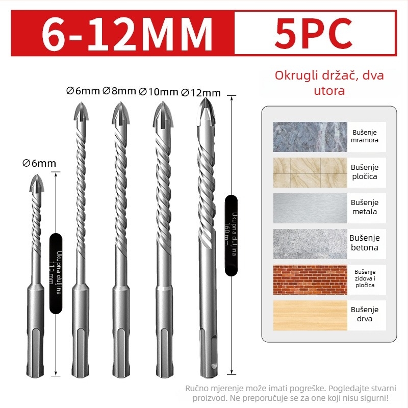 Vrtni bit za keramičke pločice, volframova legura, četverostrani, okrugla drška, trokutasti vrh, kompatibilan s bušilom s udarnim pogonom