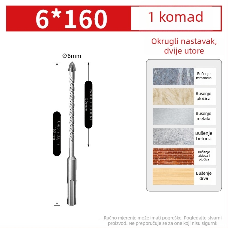 Vrtni bit za keramičke pločice, volframova legura, četverostrani, okrugla drška, trokutasti vrh, kompatibilan s bušilom s udarnim pogonom