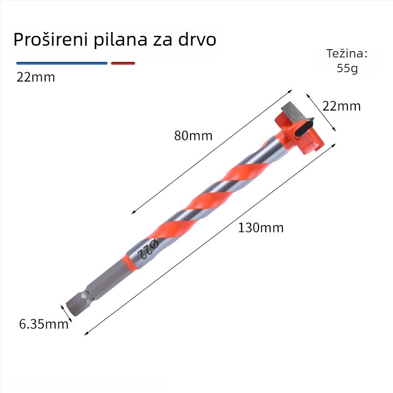 Drveni otvorivač rupa s šesterokutnom ručkom, spiralni dizajn s tri oštrice, industrijske klase, visoko ugljična čelična