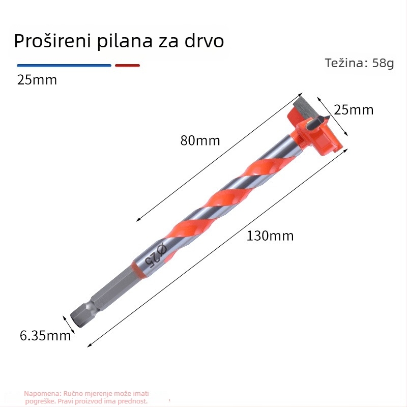 Drveni otvorivač rupa s šesterokutnom ručkom, spiralni dizajn s tri oštrice, industrijske klase, visoko ugljična čelična