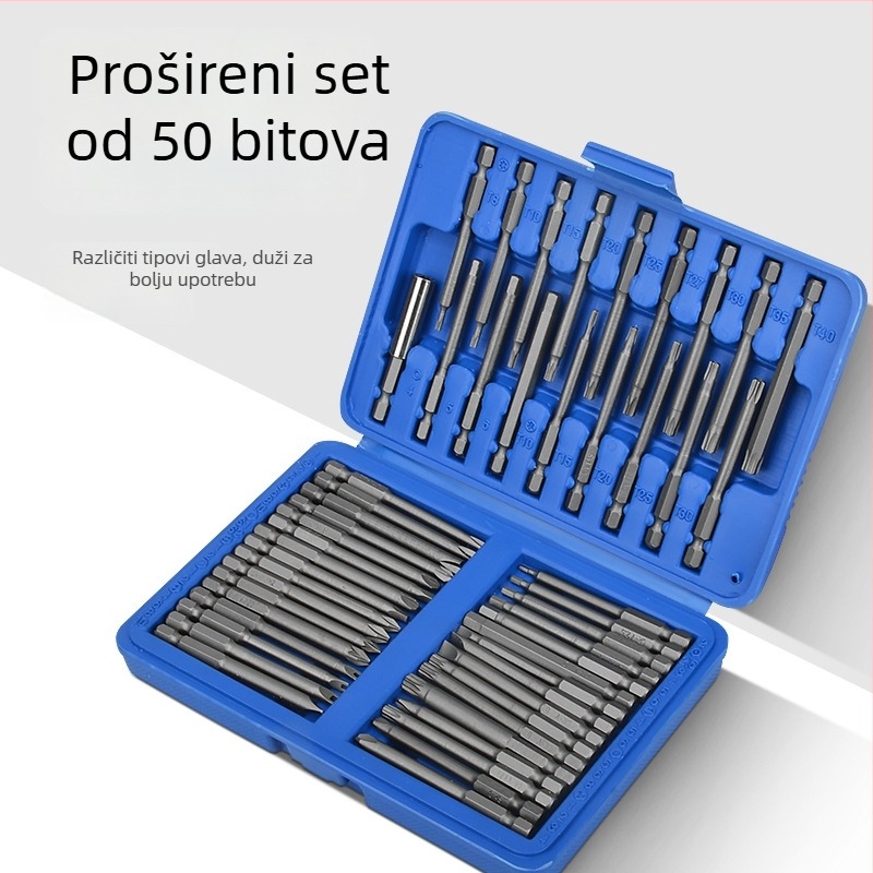 Set bitova za električni odvijač s izmjenjivim glavama, magnetski, od krom-vanadijevog čelika, oblici ravni, križni i šesterokutni