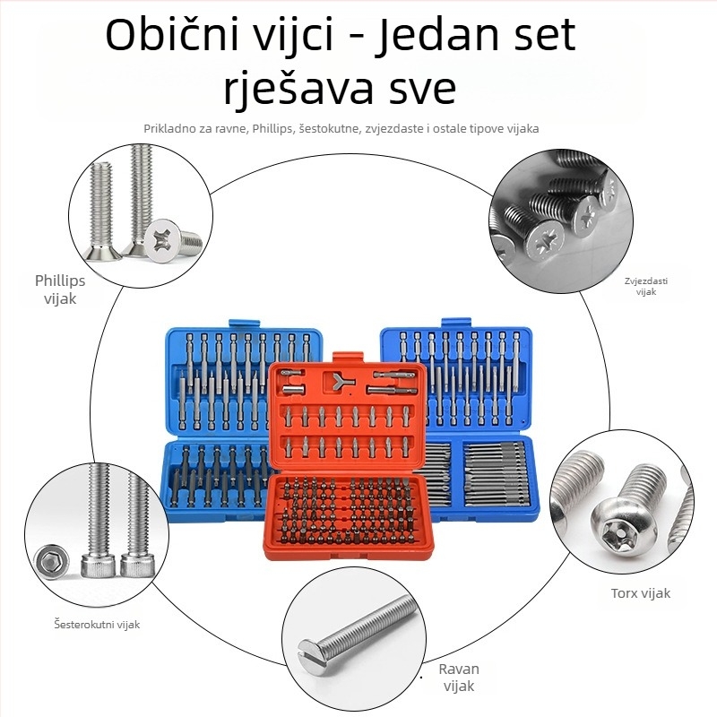 Set bitova za električni odvijač s izmjenjivim glavama, magnetski, od krom-vanadijevog čelika, oblici ravni, križni i šesterokutni