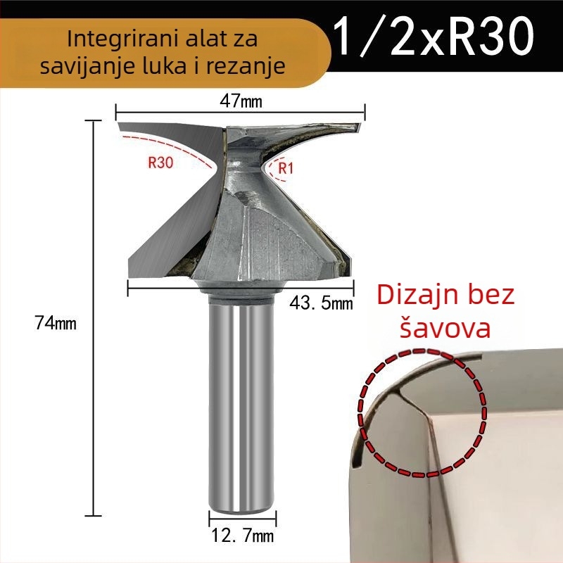 Frez za drvo s kružnim lukom oblikovanja, integrirani nož; kompatibilan s CNC i strojevima za graviranje; za drvo, MDF, sintetičke ploče i laminat.