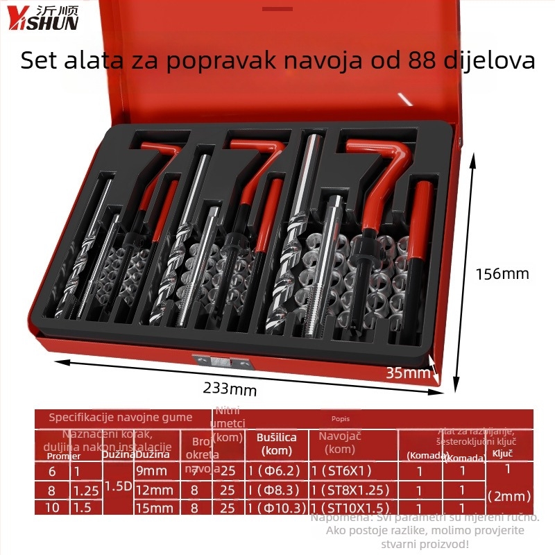 131-dijelni set alata za popravak navoja, ručno upravljan, samorezni umetci za vijke, alat za popravak navoja svjećice i bušilica za navoje