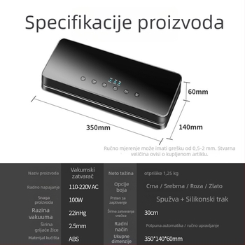 Vakuumska mašina za pakiranje A-1918, 100W, 110-240V, kapacitet 500-1000 ml, kućište od ABS-a i kaljenog stakla, funkcije vakuuma i zatvaranja plastičnih vrećica