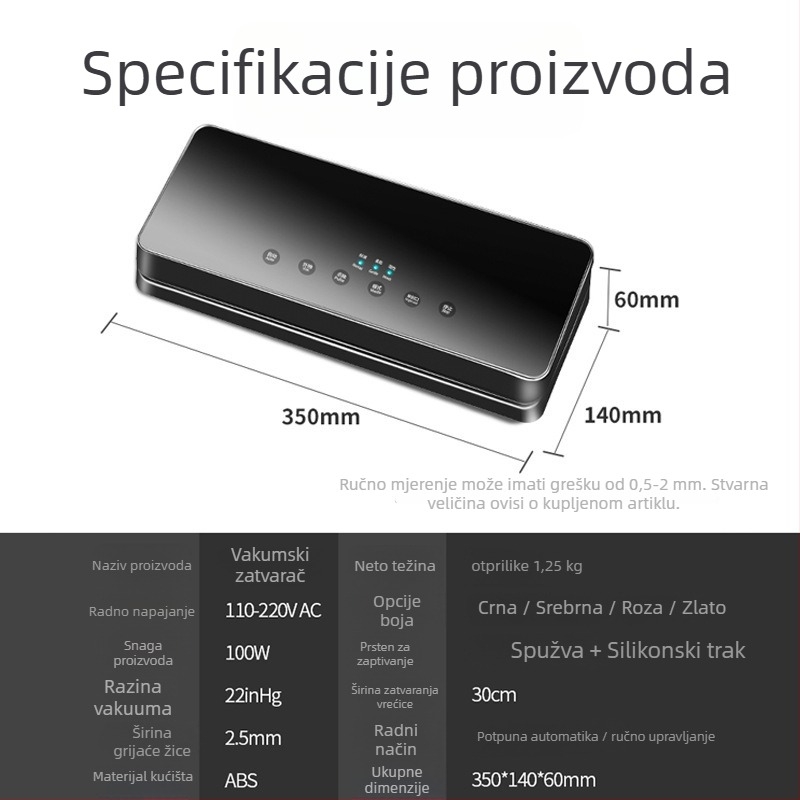 Vakuumska mašina za pakiranje A-1918, 100W, 110-240V, kapacitet 500-1000 ml, kućište od ABS-a i kaljenog stakla, funkcije vakuuma i zatvaranja plastičnih vrećica