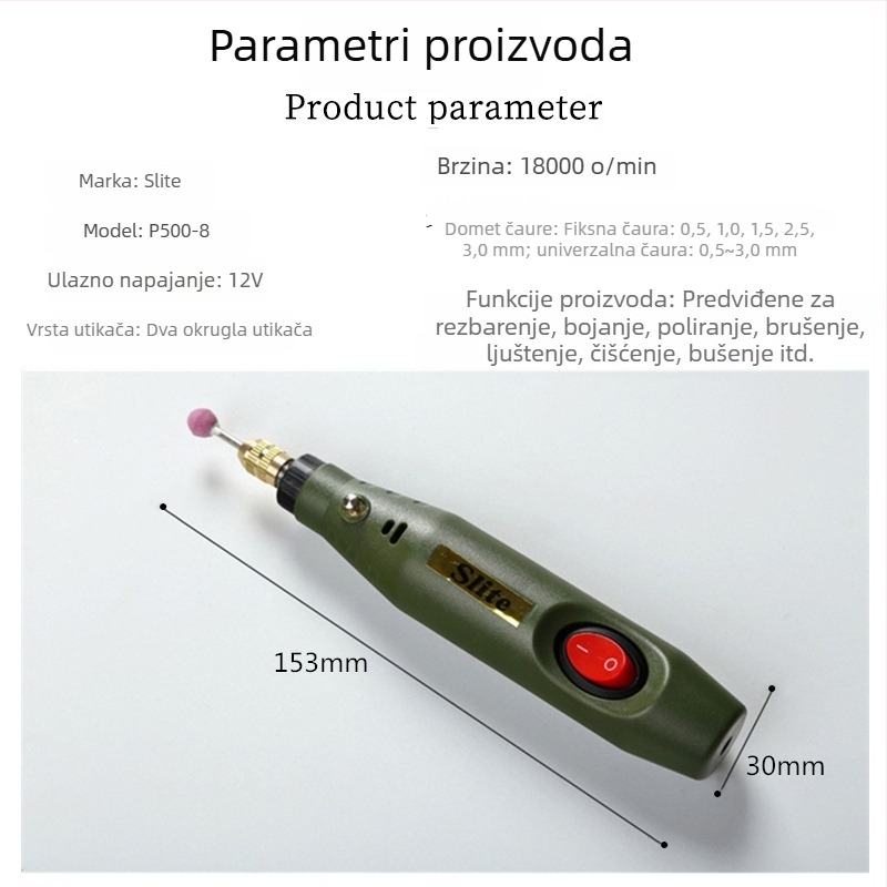 Mini električna gravirajuća olovka P500-8, napajanje iz utičnice, 110–220 V, fiksna brzina, kabel 0,95 m, težina 0,21 kg