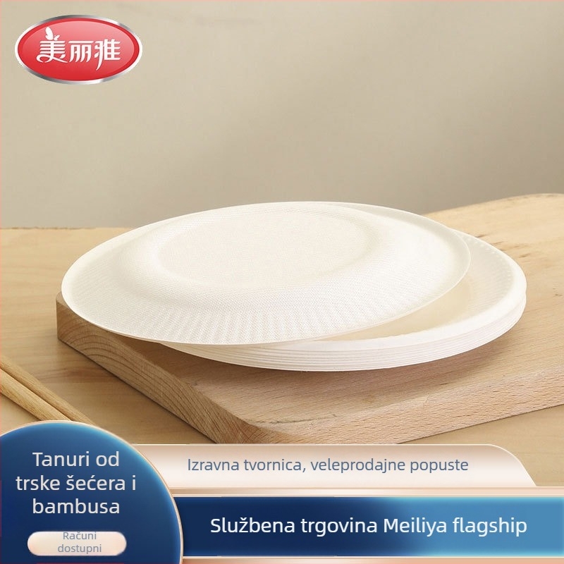 Jednokratna papirnata pločica od šećerne trstike i bambusove pulpe za kućnu upotrebu; pogodna za roštilj, voće i torte (Materijal: šećerna trstika + bambusova pulpa; Upotreba: kućna; Mikrovalna: Ne; Biološki razgradivo: Ne)