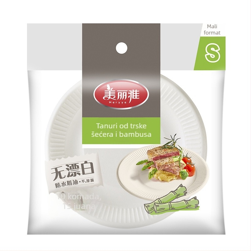 Jednokratna papirnata pločica od šećerne trstike i bambusove pulpe za kućnu upotrebu; pogodna za roštilj, voće i torte (Materijal: šećerna trstika + bambusova pulpa; Upotreba: kućna; Mikrovalna: Ne; Biološki razgradivo: Ne)