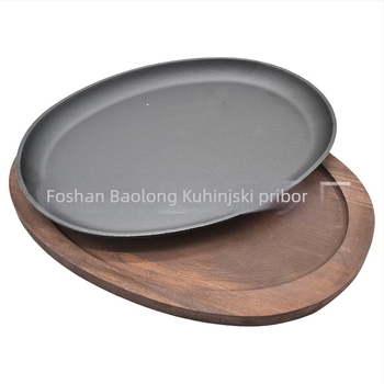 Baolong Kitchenware lijevana tava za pečenje i prženje s ovalnom drvenom bazom za vanjsku komercijalnu upotrebu