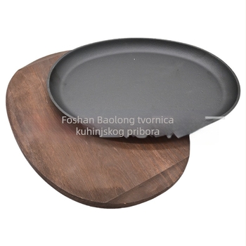 Baolong Kitchenware lijevana tava za pečenje i prženje s ovalnom drvenom bazom za vanjsku komercijalnu upotrebu