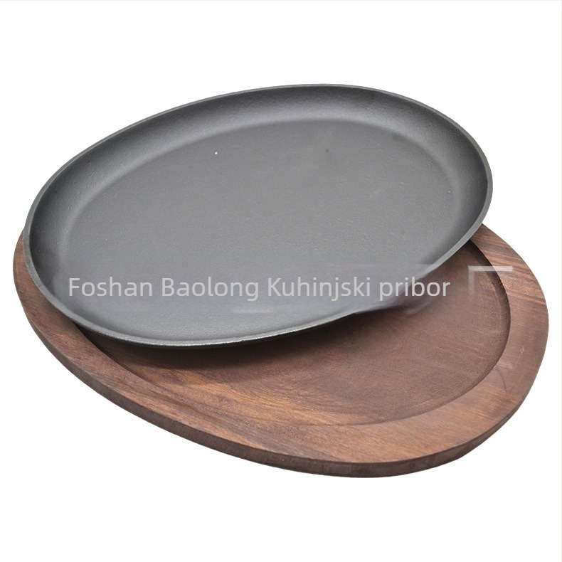 Baolong Kitchenware lijevana tava za pečenje i prženje s ovalnom drvenom bazom za vanjsku komercijalnu upotrebu