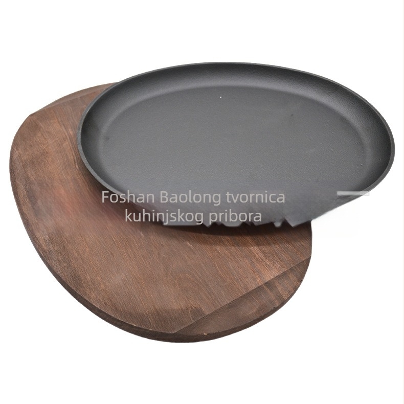 Baolong Kitchenware lijevana tava za pečenje i prženje s ovalnom drvenom bazom za vanjsku komercijalnu upotrebu