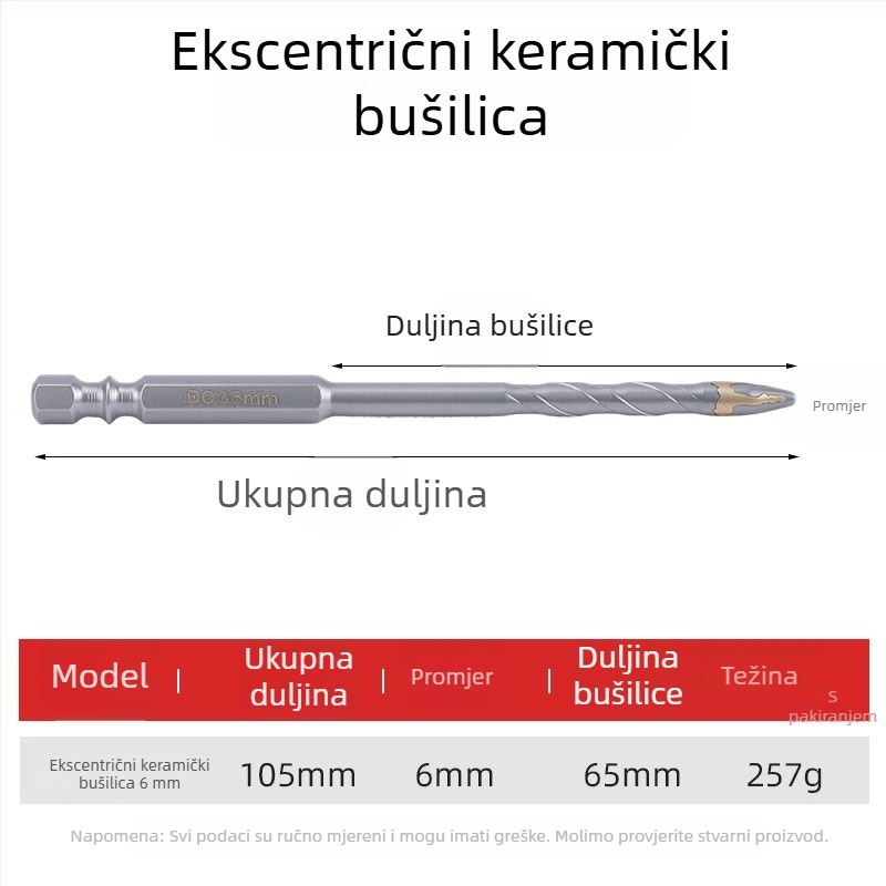 Dijamantni bušilica s pilastim zubima, ekscentrni dizajn, četiri vlakna, šestougački držač, za keramiku i beton