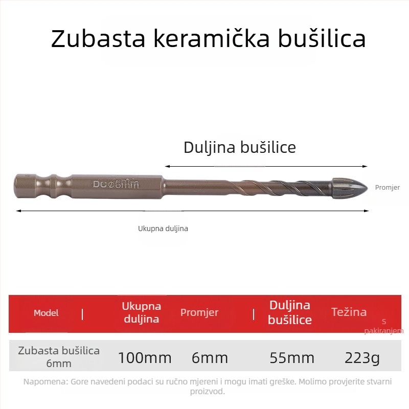 Dijamantni bušilica s pilastim zubima, ekscentrni dizajn, četiri vlakna, šestougački držač, za keramiku i beton