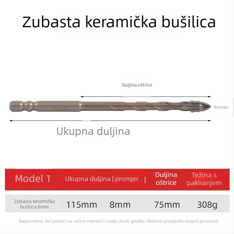 Dijamantni bušilica s pilastim zubima, ekscentrni dizajn, četiri vlakna, šestougački držač, za keramiku i beton