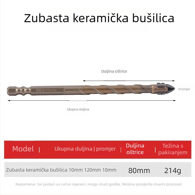 Dijamantni bušilica s pilastim zubima, ekscentrni dizajn, četiri vlakna, šestougački držač, za keramiku i beton