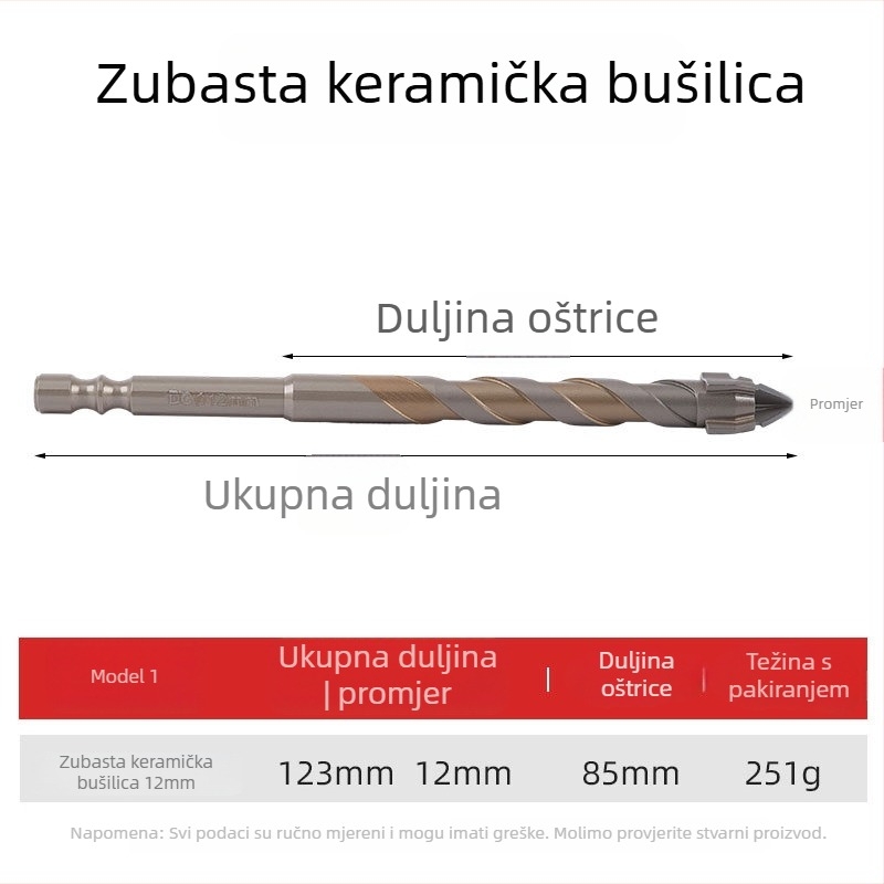Dijamantni bušilica s pilastim zubima, ekscentrni dizajn, četiri vlakna, šestougački držač, za keramiku i beton