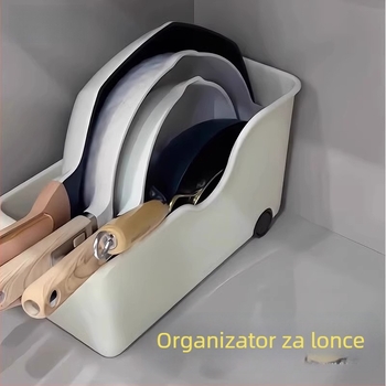 Kuhinjski organizator za posuđe s poklopcima i držačem začina, s rolom ispod sudopera, višenamjenski stalak za skladištenje