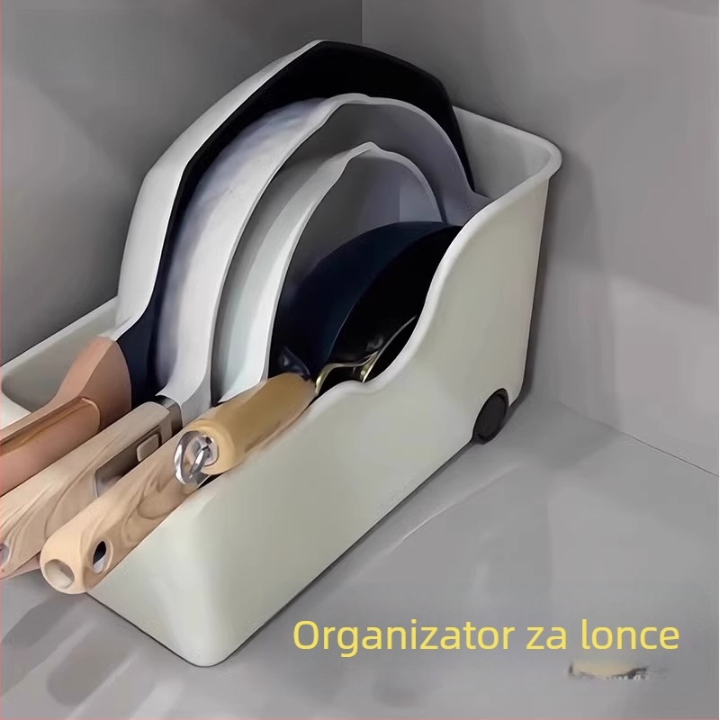 Kuhinjski organizator za posuđe s poklopcima i držačem začina, s rolom ispod sudopera, višenamjenski stalak za skladištenje