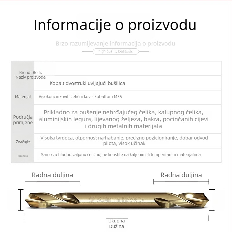 Bailey dvostrano bušilica s sadržajem kobalta za 304 nehrđajući čelik – pogodno za metalne legure i aluminijske legure