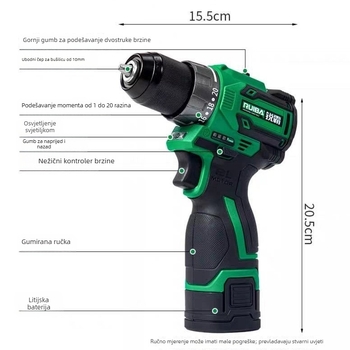 Ruib 16V bez četkica ručna bušilica visokog momenta BD-16T, punjiva Li-ion baterija, glatka regulacija brzine, 0–1600 rpm, naprijed/natrag, za kućnu upotrebu