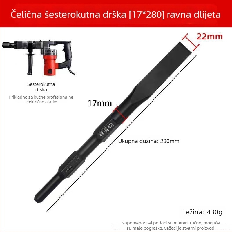 Industrijski set dlijeta za elektromehanički čekić od opružnog čelika — oštar vrh, kvadratni vrh, šesterostruki vrh i ravni klin za betonske zidove (model 65A)