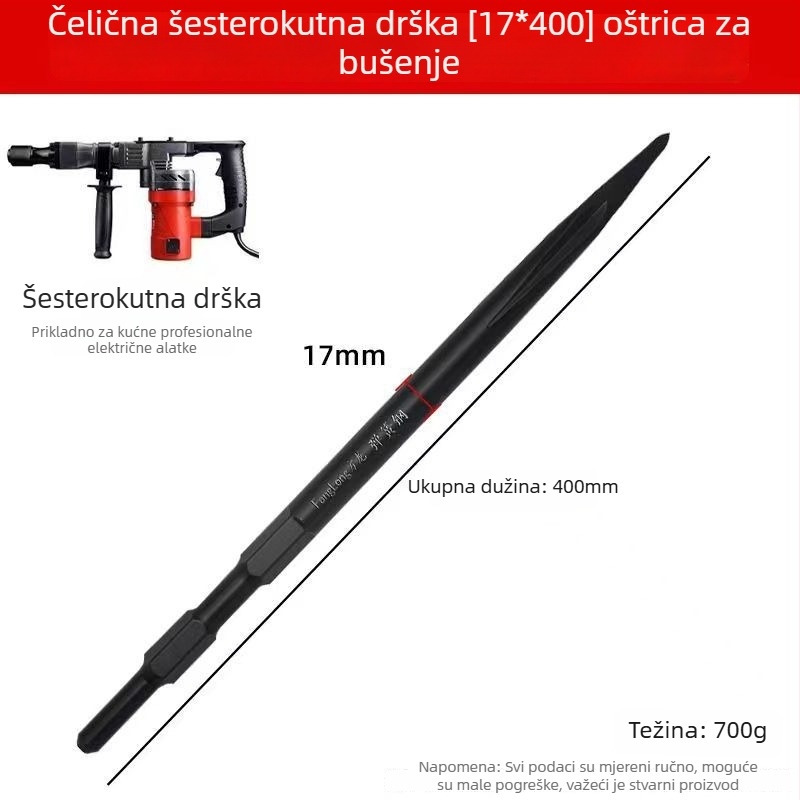 Industrijski set dlijeta za elektromehanički čekić od opružnog čelika — oštar vrh, kvadratni vrh, šesterostruki vrh i ravni klin za betonske zidove (model 65A)