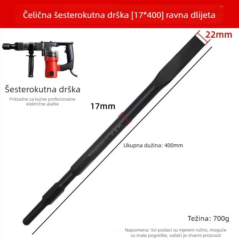 Industrijski set dlijeta za elektromehanički čekić od opružnog čelika — oštar vrh, kvadratni vrh, šesterostruki vrh i ravni klin za betonske zidove (model 65A)