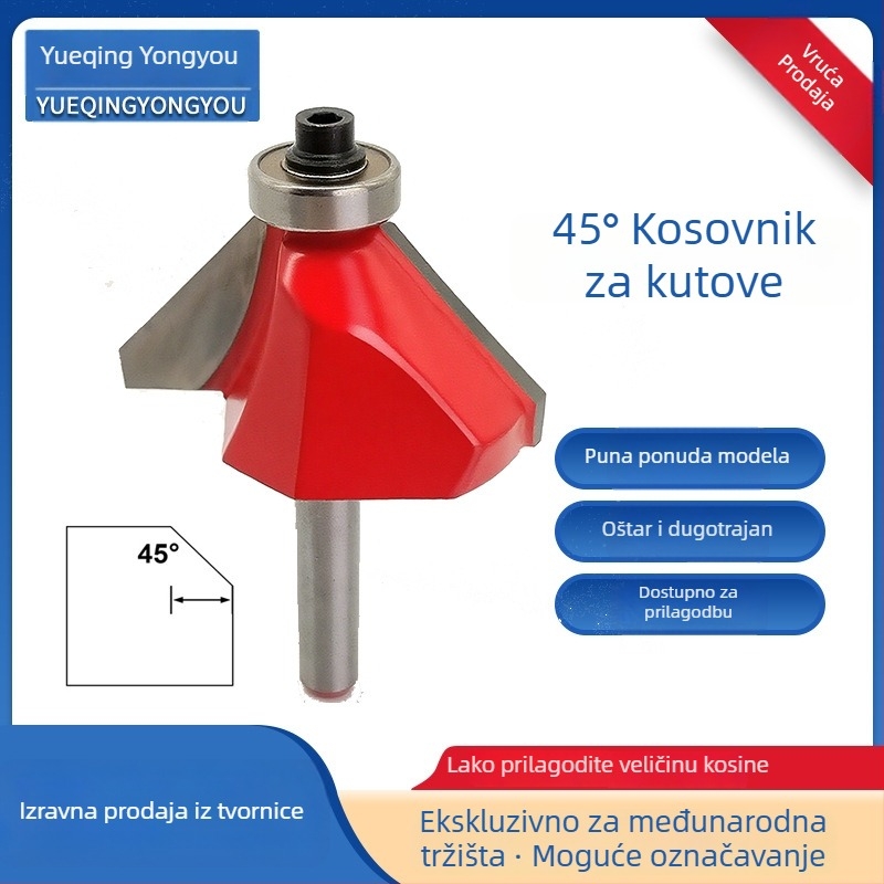 Drvna freza s 45° usjekom i polukružnim reljefom; kompatibilna s glodalicama; obrađuje drvo, MDF i laminirane ploče