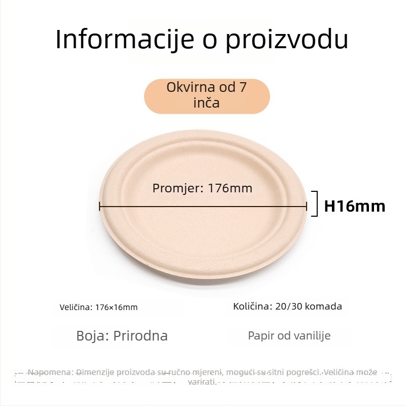 Kružna jednokratna ploča za obrok od šećerne trstike, biorazgradiva, debela konstrukcija, pogodna za mikrovalnu pećnicu, 20 komada u pakiranju