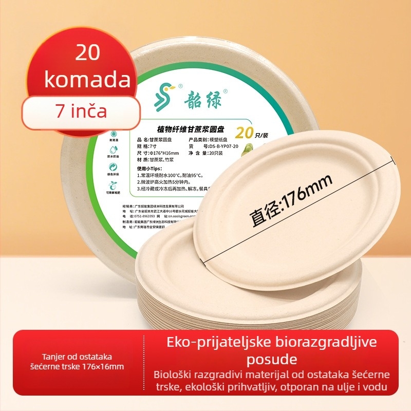 Kružna jednokratna ploča za obrok od šećerne trstike, biorazgradiva, debela konstrukcija, pogodna za mikrovalnu pećnicu, 20 komada u pakiranju