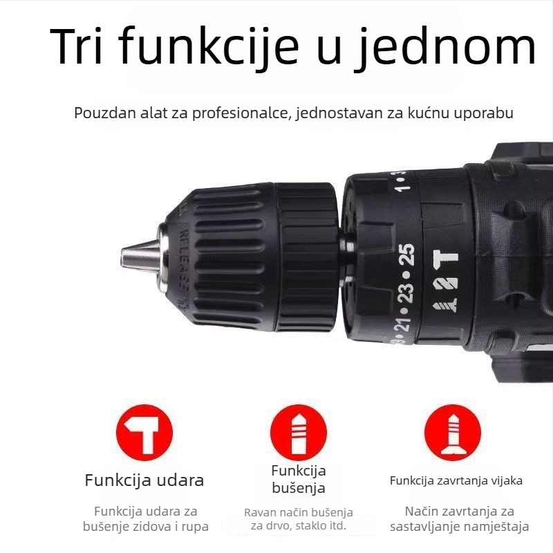 Industrijske razine ručna bušilica s litijskom baterijom, dvije brzine, punjiva, udarna bušilica, višenamjenski električni odvijač