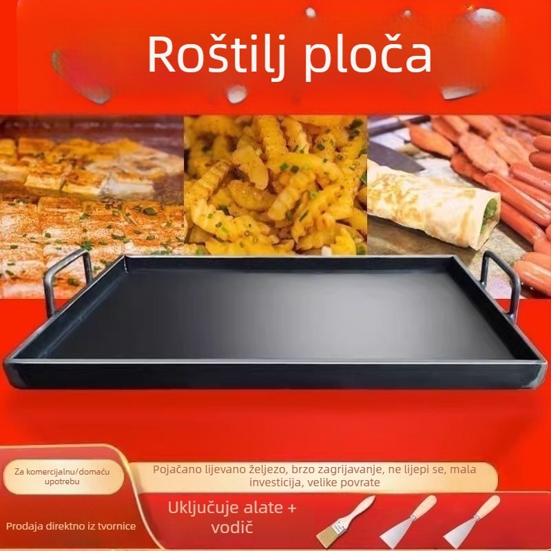 Teppanyaki ploča od lijevanog željeza, kvadratnog oblika, površinska obrada elektroforezom, sklopivi dizajn za kućnu i poslovnu uporabu