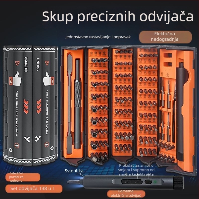 Električni precizni odvijač set 138-in-1 za demontažu, kućna upotreba, nadogradnja verzija sa 6-dijelnim skupom i tvrđenim bitovima, čelik od ugljika