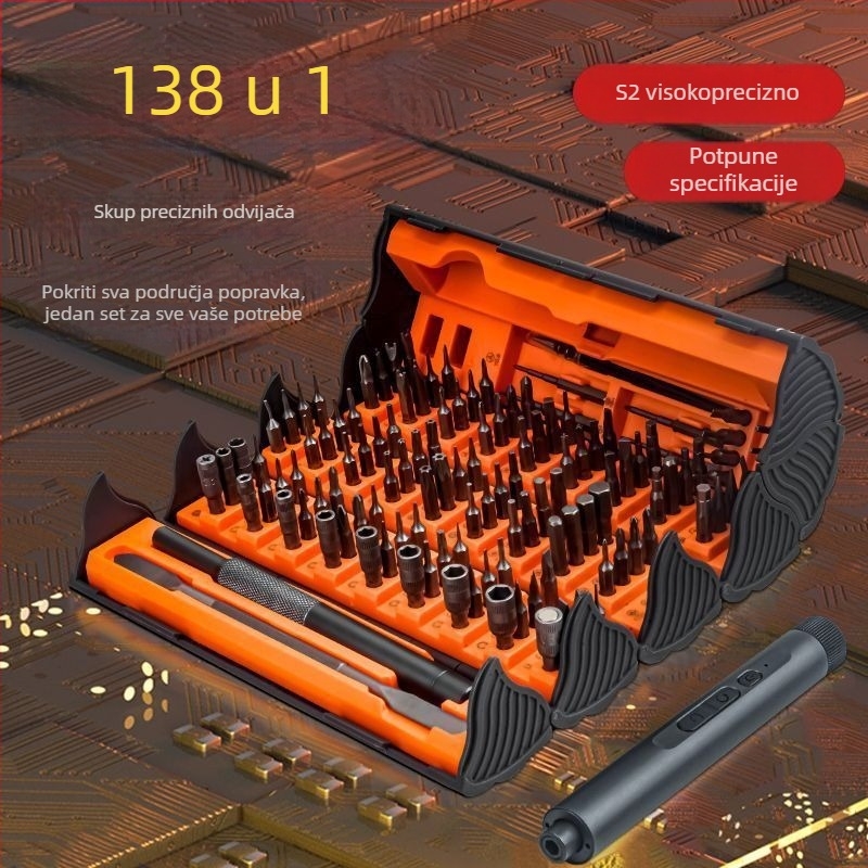 Električni precizni odvijač set 138-in-1 za demontažu, kućna upotreba, nadogradnja verzija sa 6-dijelnim skupom i tvrđenim bitovima, čelik od ugljika