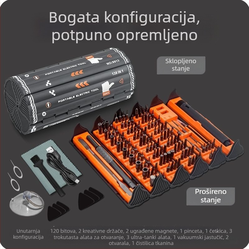 Električni precizni odvijač set 138-in-1 za demontažu, kućna upotreba, nadogradnja verzija sa 6-dijelnim skupom i tvrđenim bitovima, čelik od ugljika