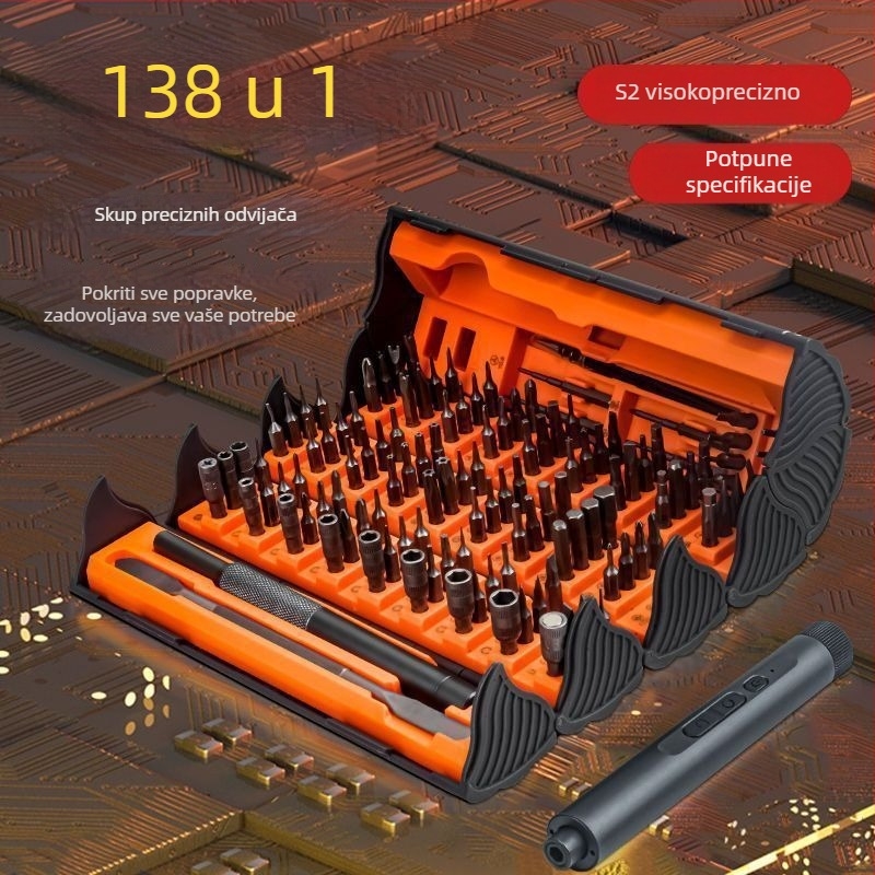 Električni precizni odvijač set 138-in-1 za demontažu, kućna upotreba, nadogradnja verzija sa 6-dijelnim skupom i tvrđenim bitovima, čelik od ugljika
